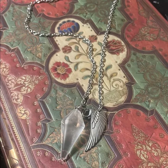 Clear Quartz Pendulum Necklace Stainless Steel with Wing Charm - Picture 2 of 4